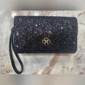 Kate Spade Glitter Sparkle Black Evening Clutch Purse Floral Snap Wristlet